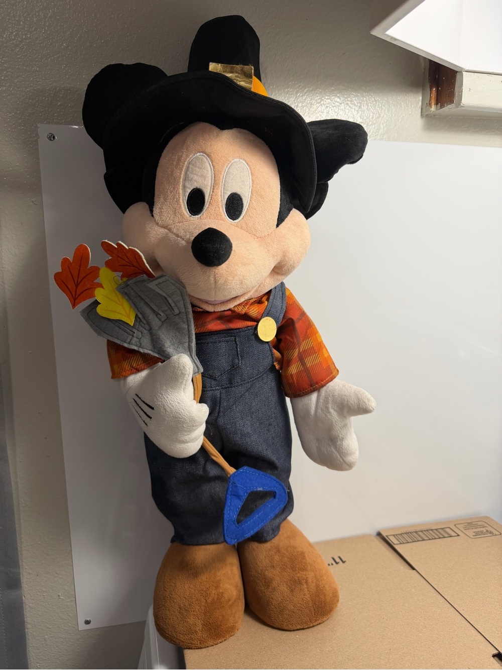 Disney Mickey Mouse Plush in Orange Plaid Shirt and Blue Overalls